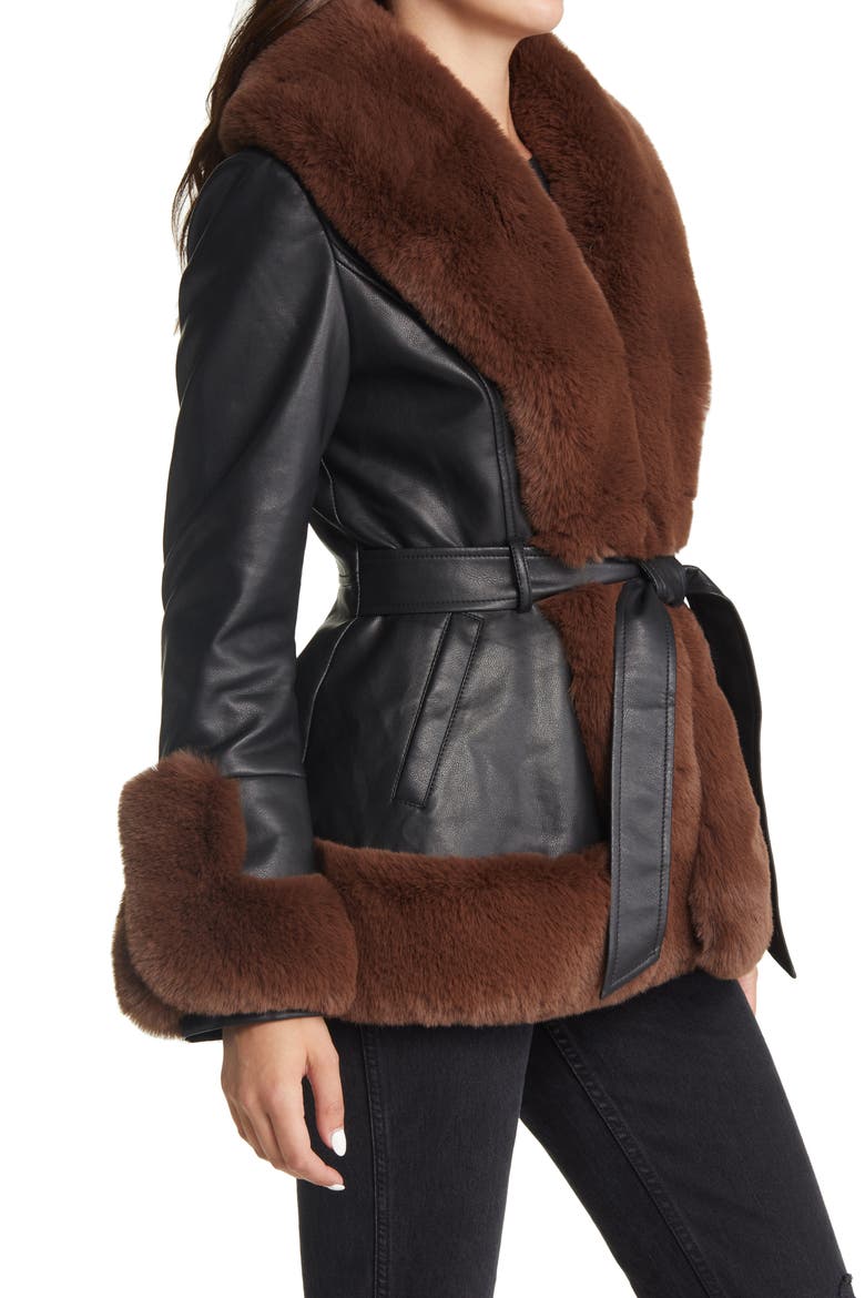 Faux Leather & Faux Fur Belted Coat, Alternate, color, BLACK