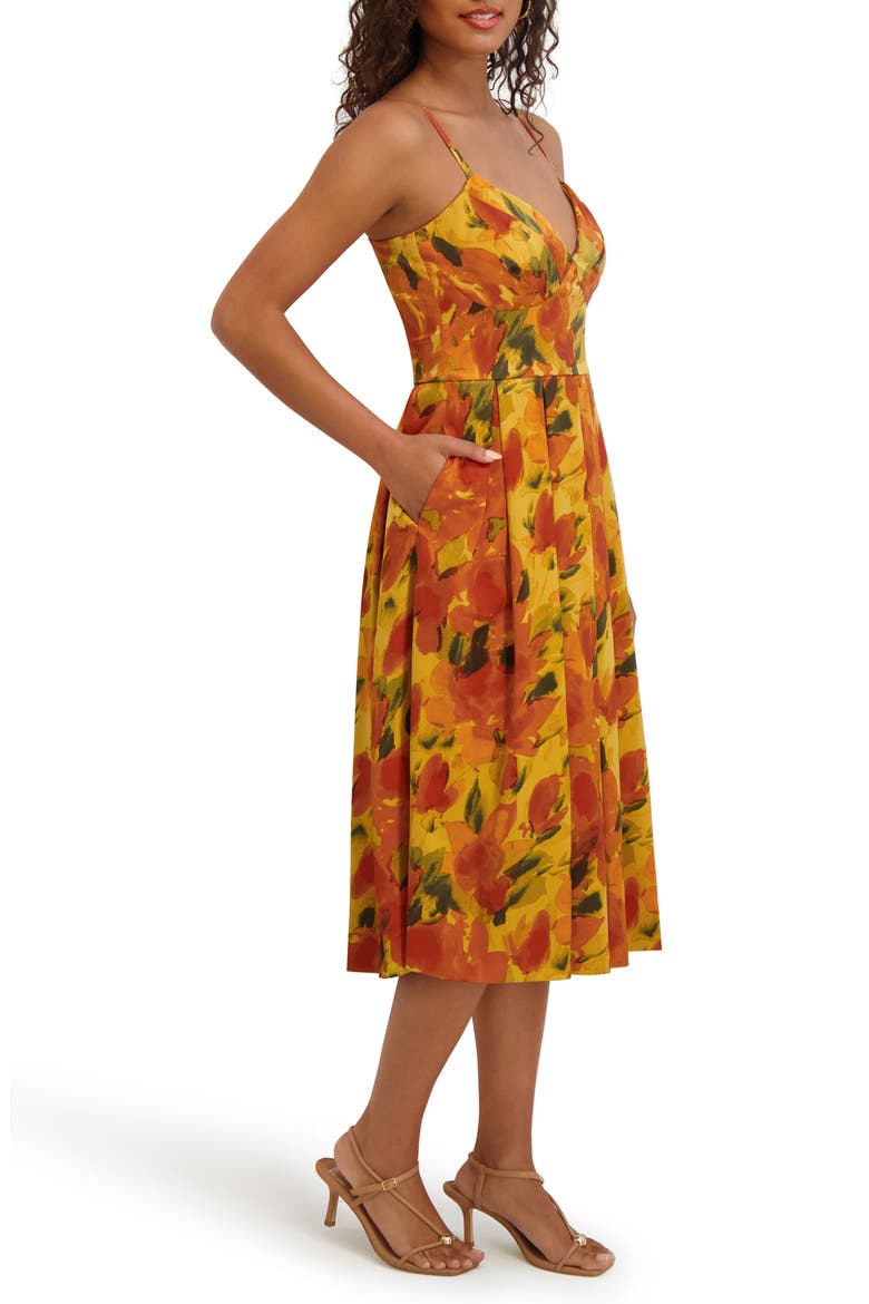 Printed Satin Fit & Flare Midi Dress, Alternate, color, ORANGE MULTI