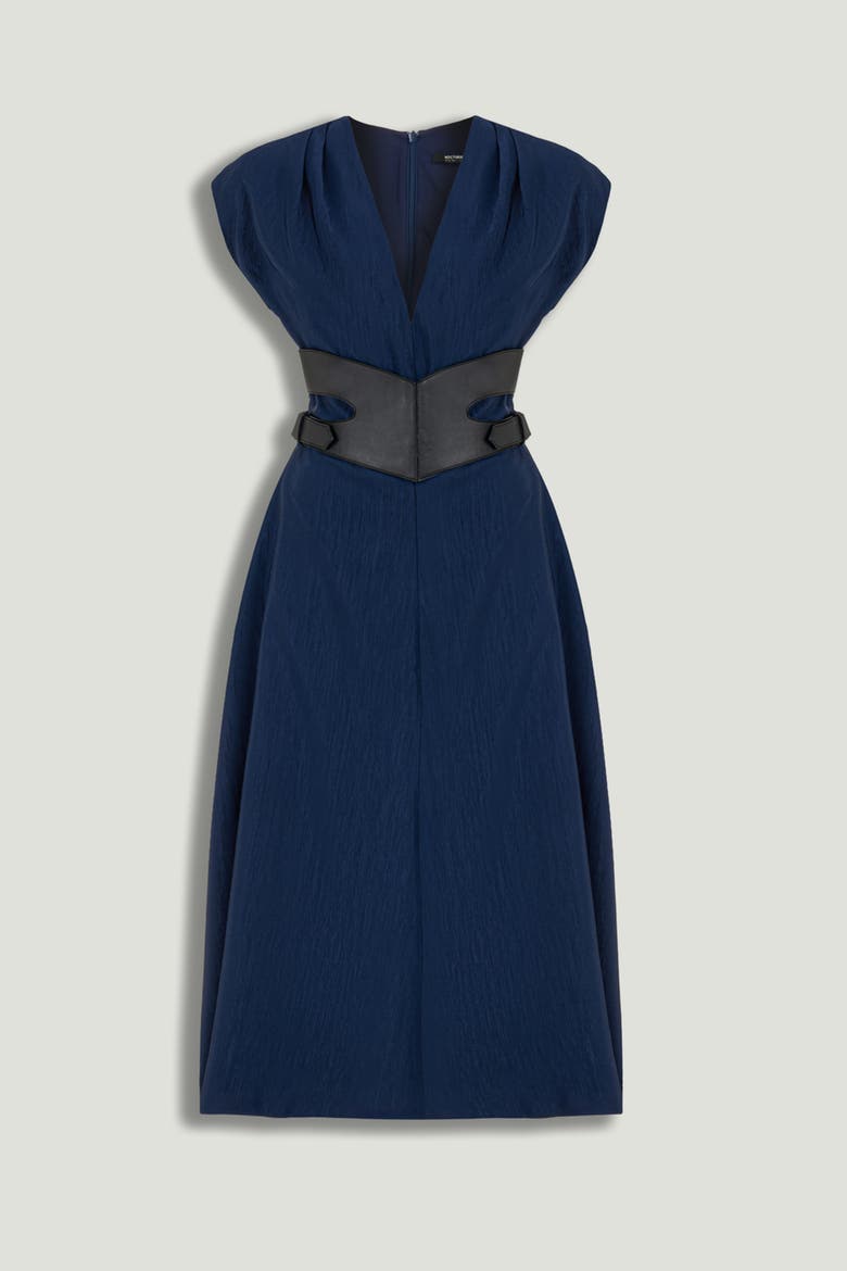 V-Neck Belted Midi Dress, Alternate, color, Navy