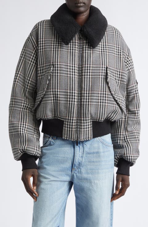 Plush Trim Plaid Bomber Jacket