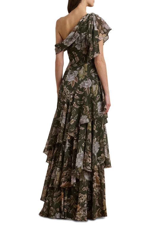 Shop Ralph Lauren Lauren  Floral One-shoulder Georgette Gown In Olive Multi
