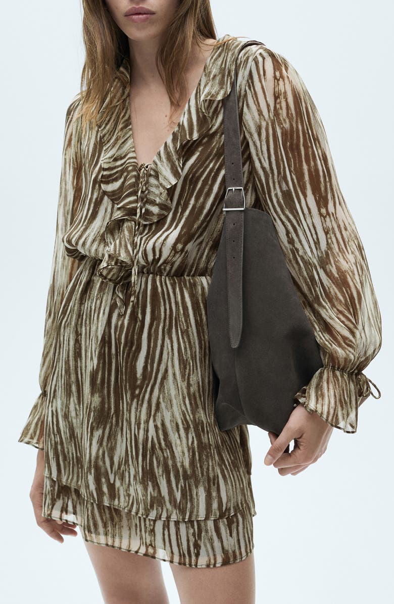 MANGO Ruffle Print Long Sleeve Minidress, Alternate, color, 