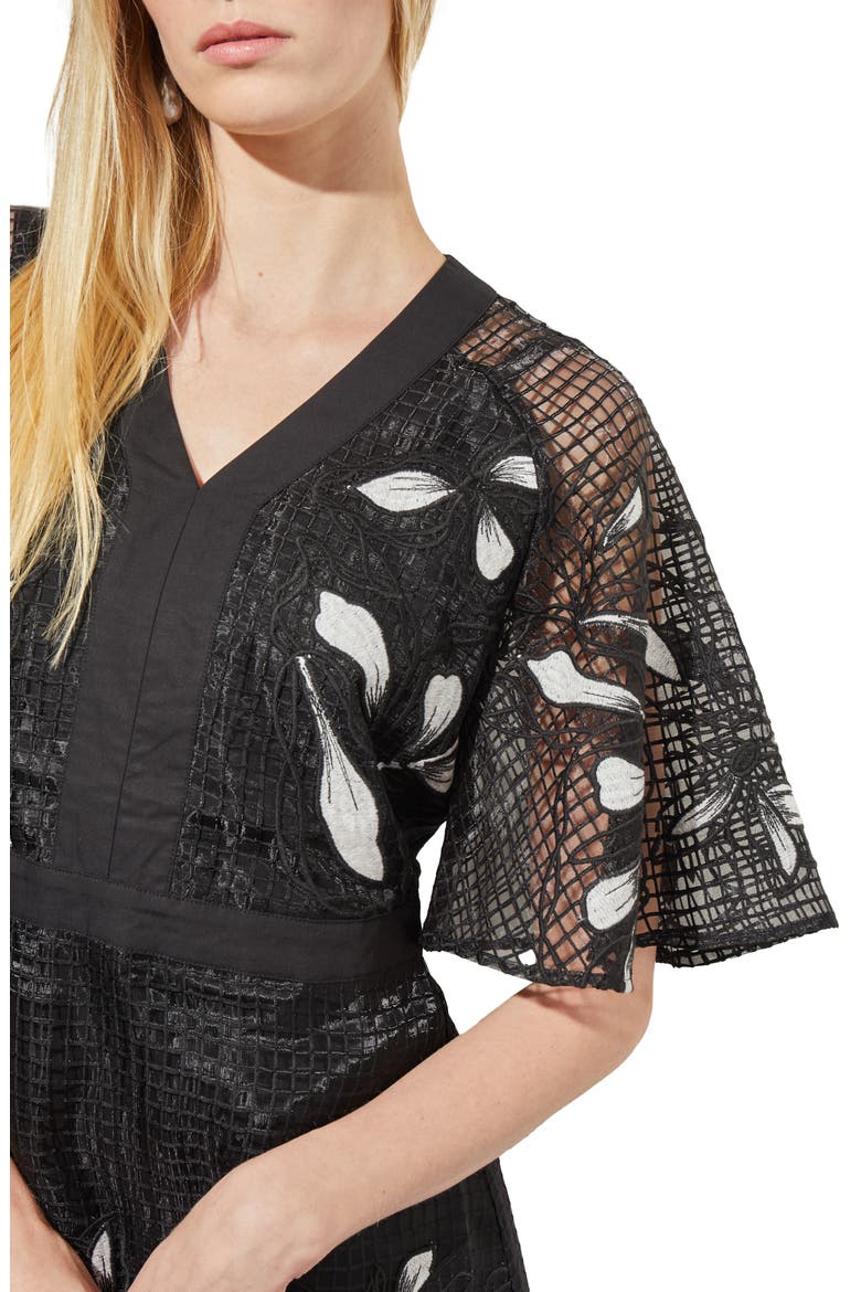 Floral Appliqué Mixed Media Dress, Alternate, color, BLACK/WHITE