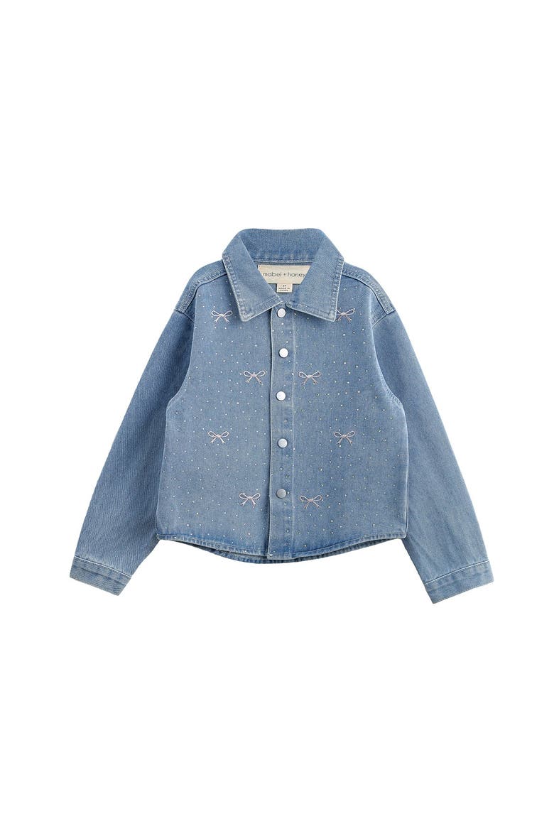 Long Sleeve Embroidered Bow Rhinestone Dot Denim Jacket, Alternate, color, Blue