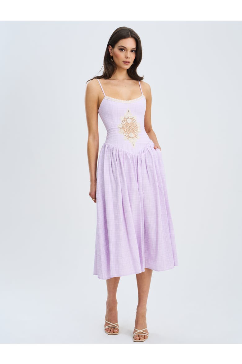Jaclyn Lace Trim Cutout Seersucker Midi Dress, Alternate, color, Lavender