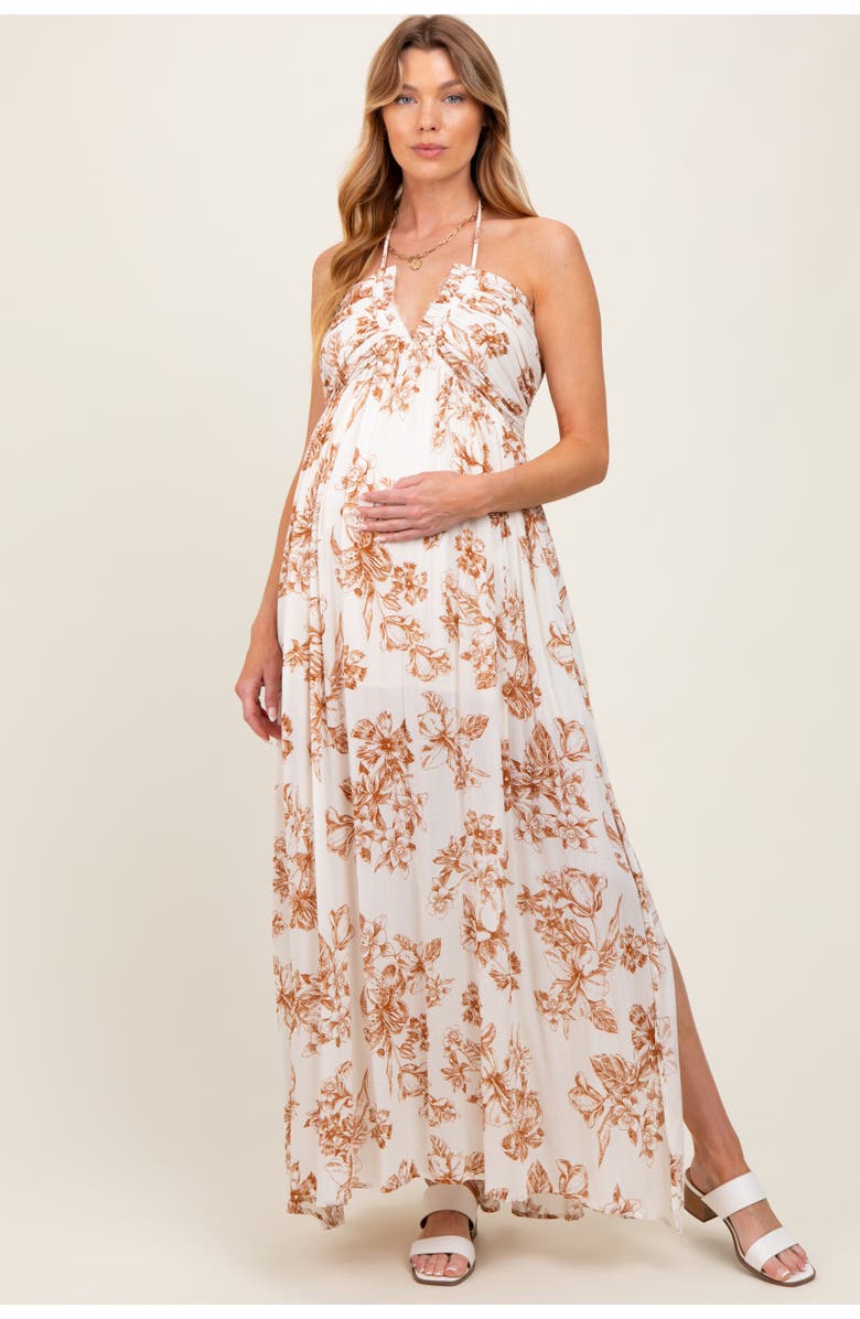 PinkBlush Blue Floral Tie-Back Halter Maxi Dress, Main, color, Taupe