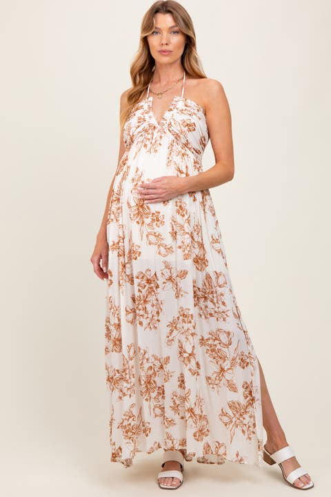 Blue Floral Tie-Back Halter Maxi Dress
