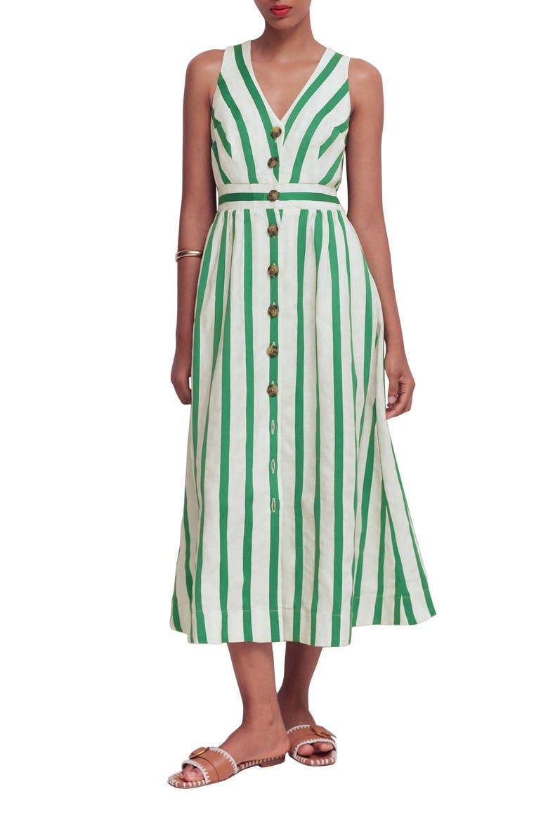 Catherine Stripe Button-Up Midi Dress, Main, color, GREEN IVORY STRIPE