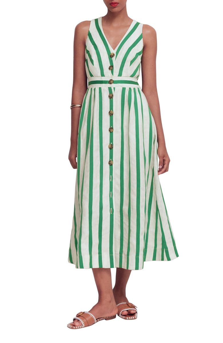 Boden Catherine Stripe Button-Up Midi Dress, Main, color, Green Ivory Stripe