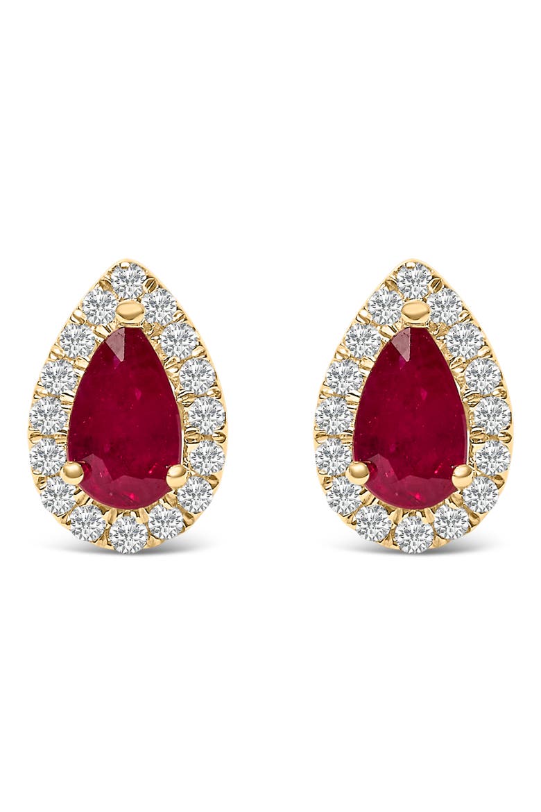 10K Yellow Gold 5X3 MM Pear-Cut Ruby and 1/7 Cttw Diamond Halo Stud Earrings, Main, color, Yellow
