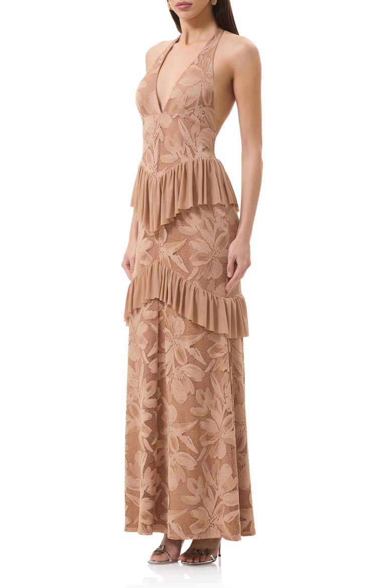 Athens Floral Lace Ruffle Halter Maxi Dress, Alternate, color, ALMOND