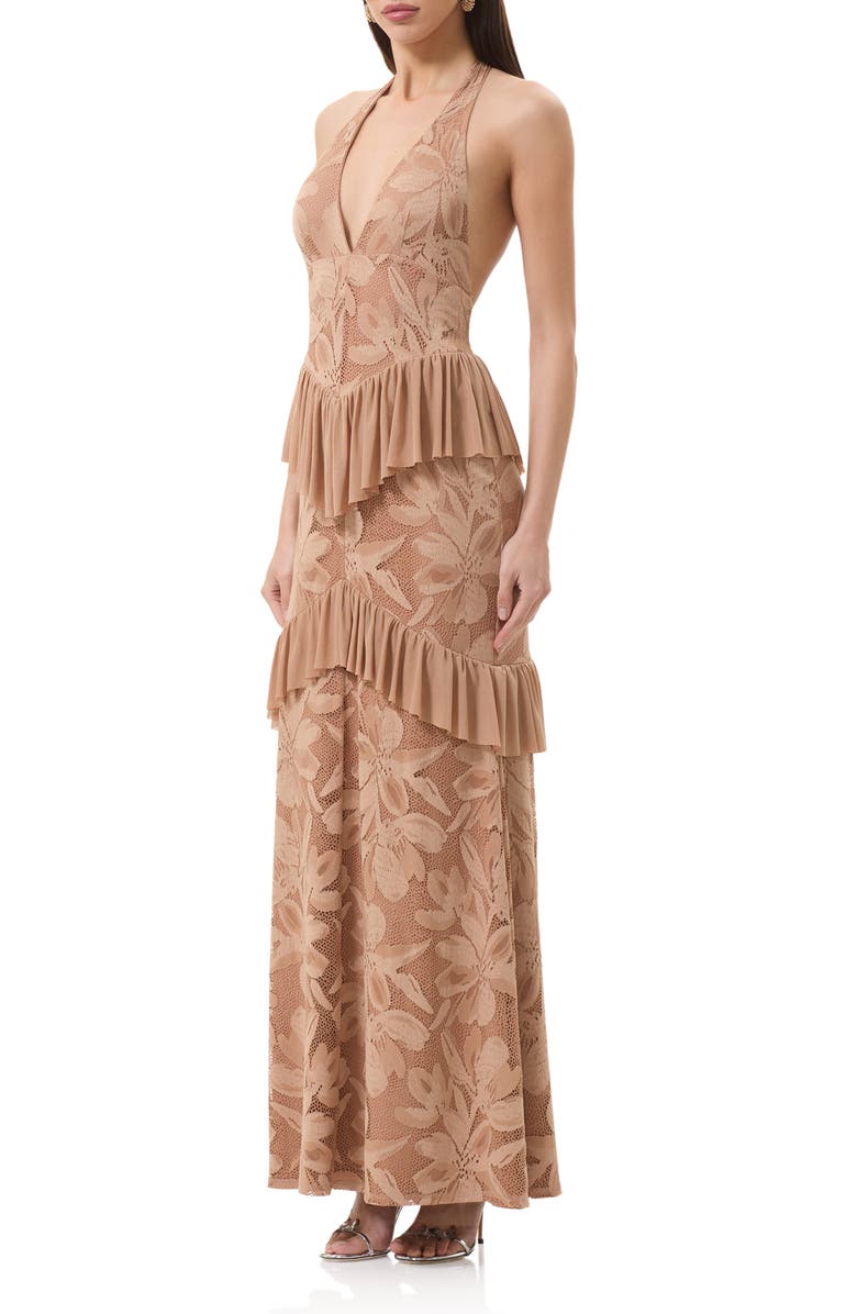 AFRM Athens Floral Lace Ruffle Halter Maxi Dress, Alternate, color, Almond