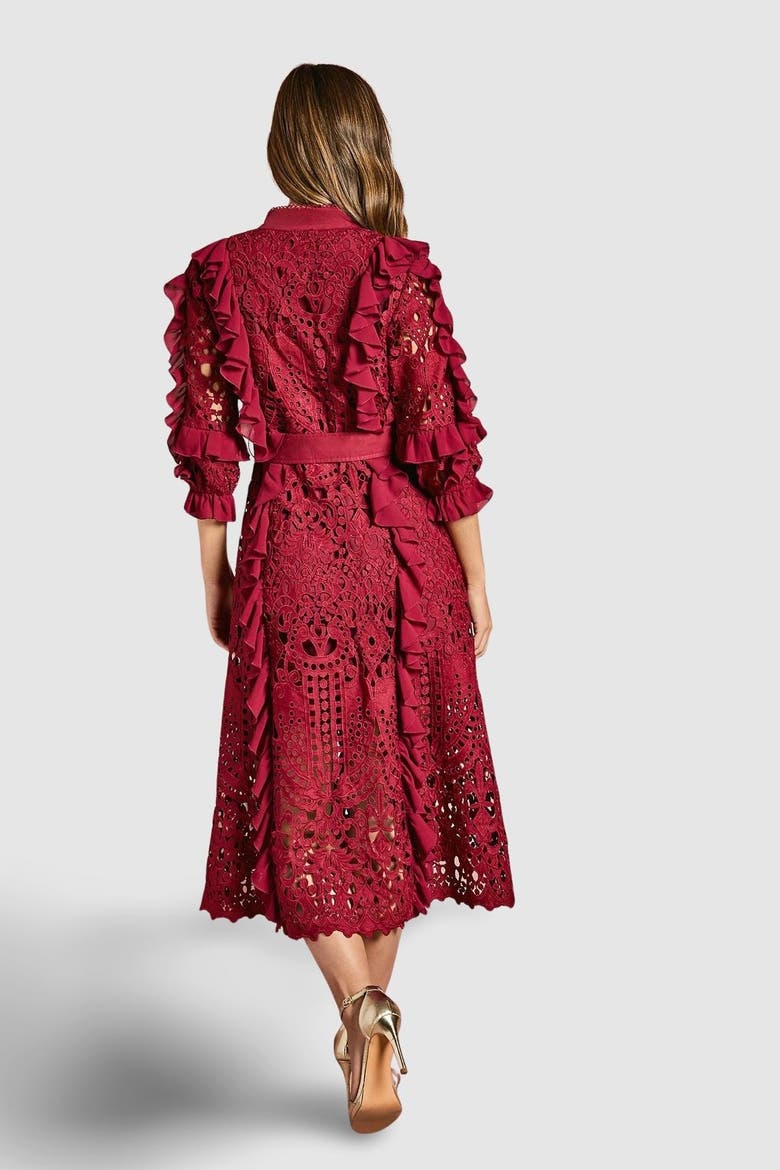 Lace Ruffle Shirt Dress, Alternate, color, Burgundy