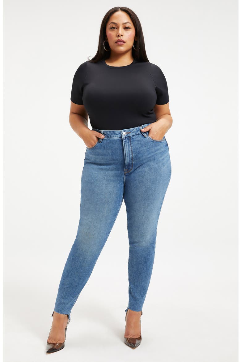High Waist Raw Step Hem Skinny Jeans, Alternate, color, INDIGO201