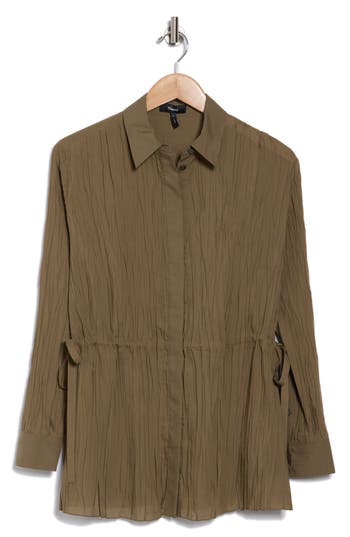 Theory Crinkle Button Front Shirt In Grn Khaki
