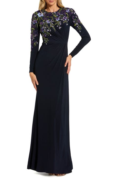 Embellished Long Sleeve Fitted Jersey Gown