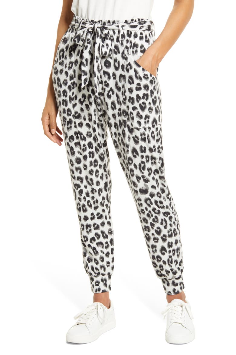 Cozy Fleece Belted Joggers, Main, color, IVORY BLACK SNOW LEOPARD PRINT