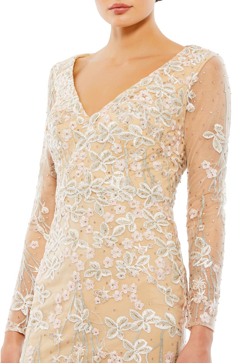 Mac Duggal Embroidered V Neck Long Sleeve Trumpet Gown, Alternate, color, Ivory Nude