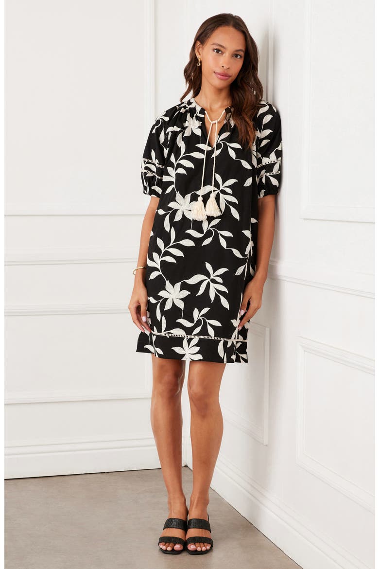 Floral Embroidered Puff Sleeve Cotton Shift Dress, Alternate, color, BLACK