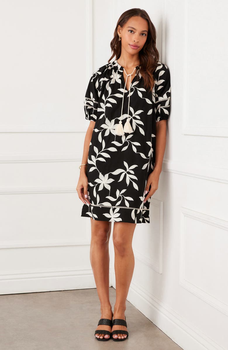 Karen Kane Floral Embroidered Puff Sleeve Cotton Shift Dress, Alternate, color, Black