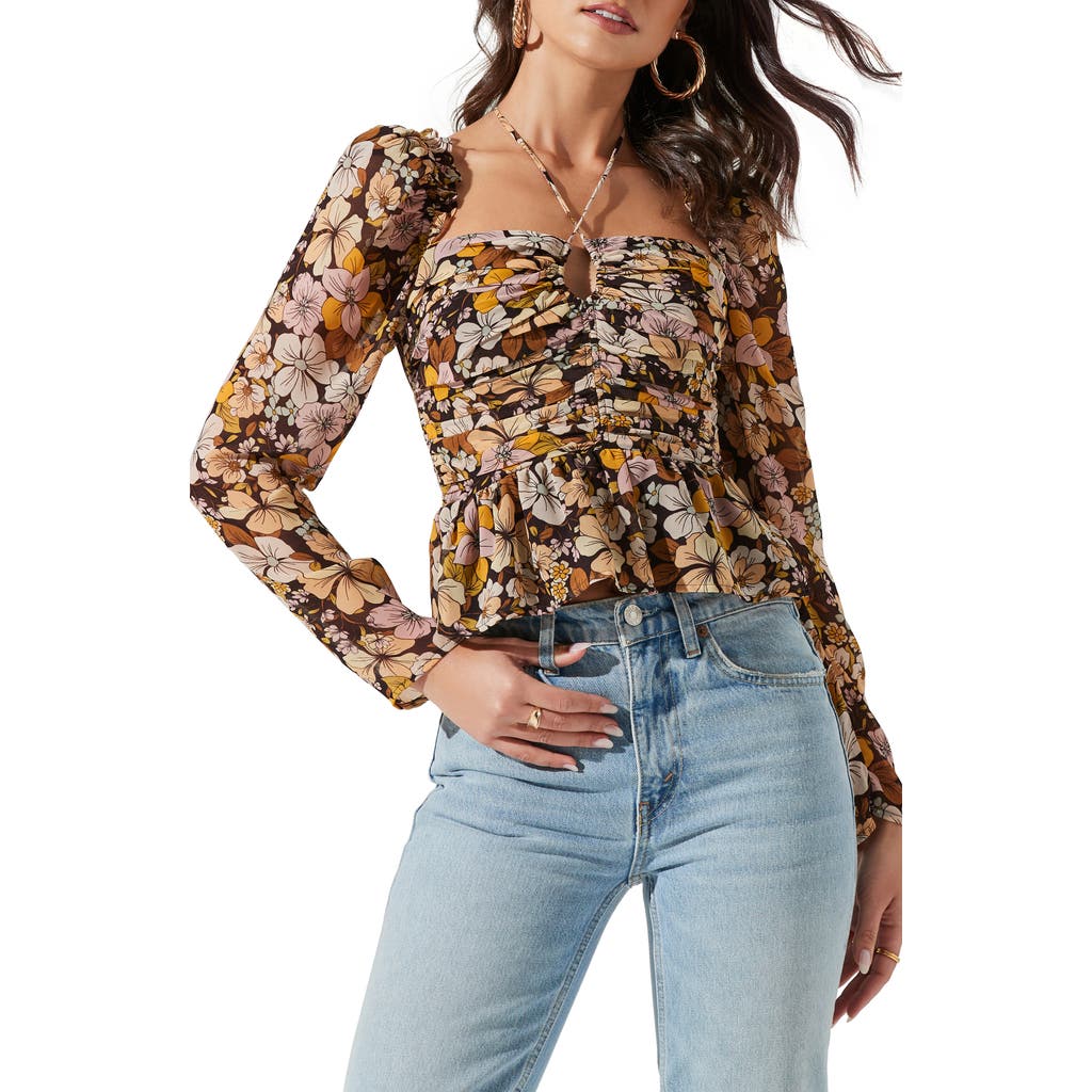 Astr The Label Toni Tie Neck Peplum Top In Multi