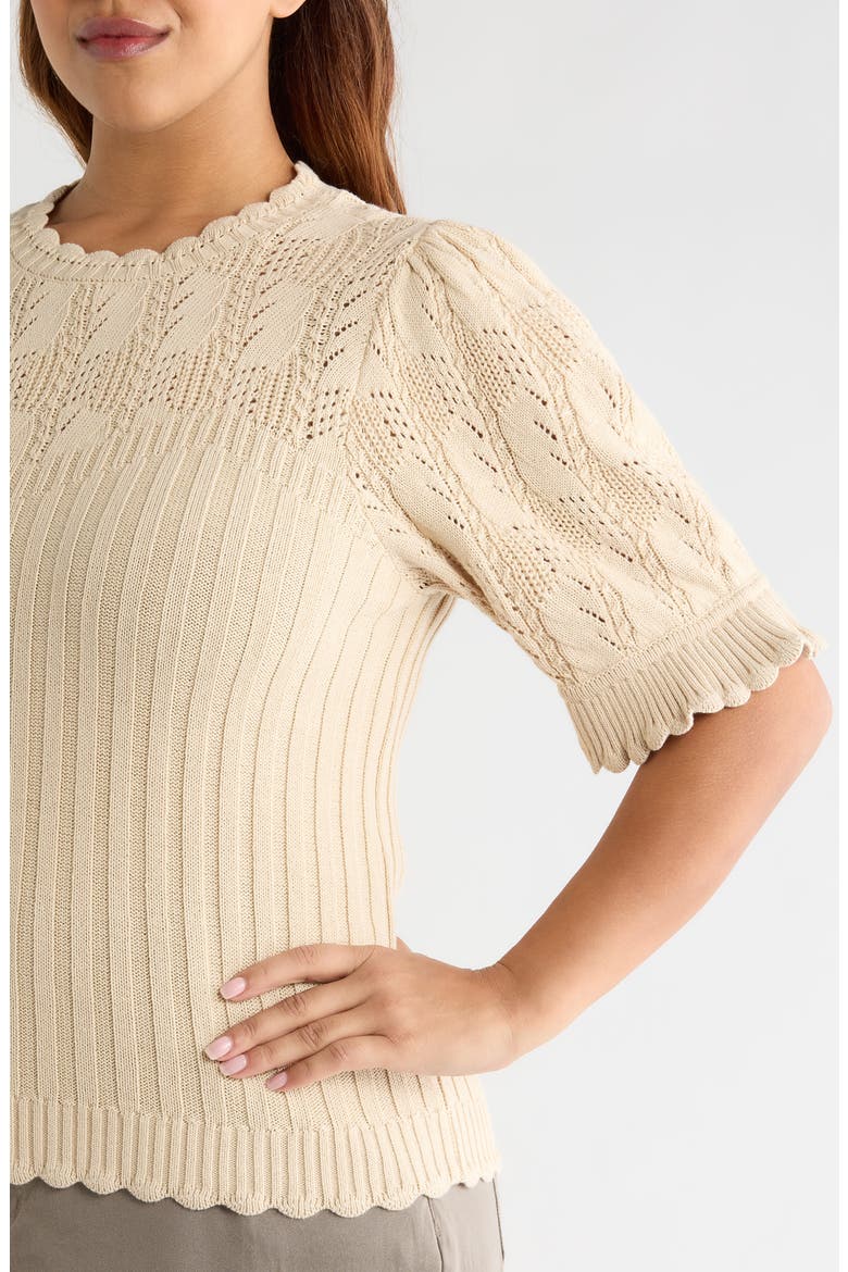 Frill Sleeve Mixed Stitch Cotton Blend Sweater, Alternate, color, DEEP MACADAMIA
