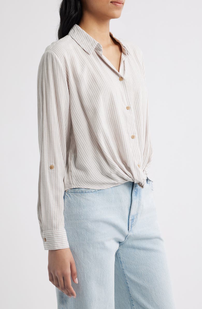 beachlunchlounge Vivica Stripe Twist Hem Button-Up Shirt, Alternate, color, French Cafe