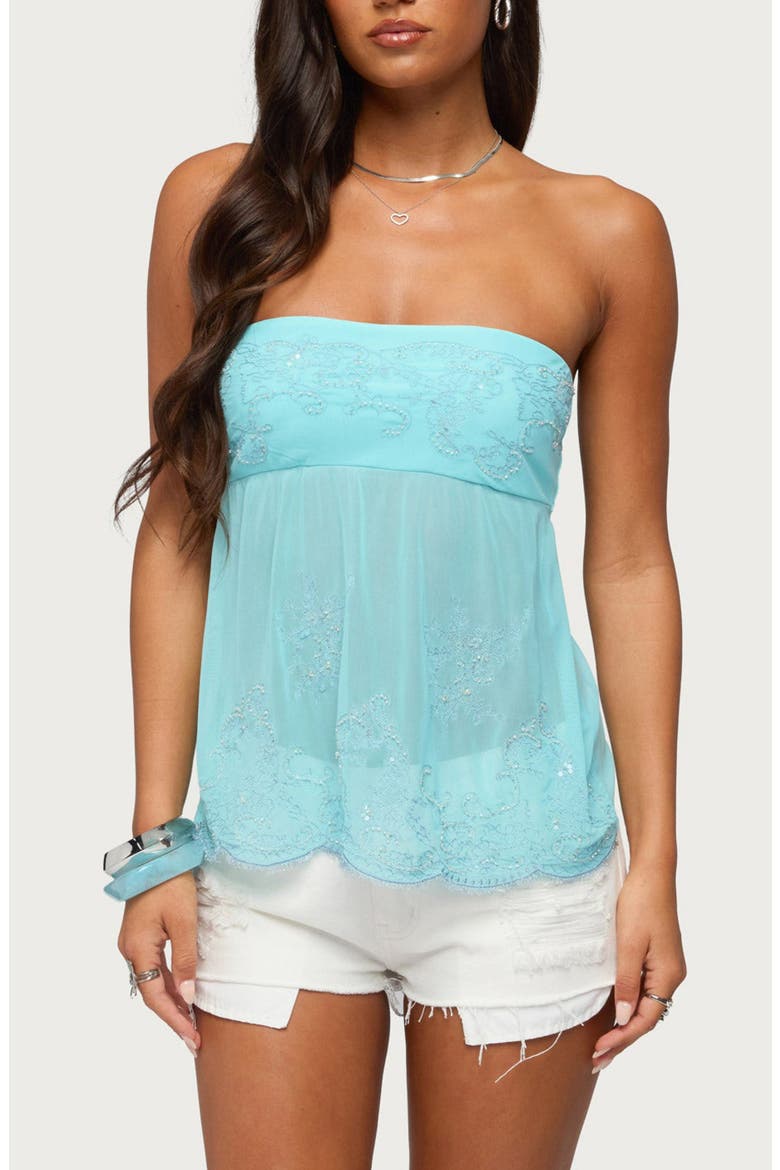 Corra Rhinestone Lace Strapless Top, Main, color, AQUA
