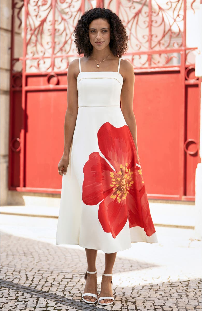 Yumi Oversize Poppy Placement Midi Sun Dress, Alternate, color, White