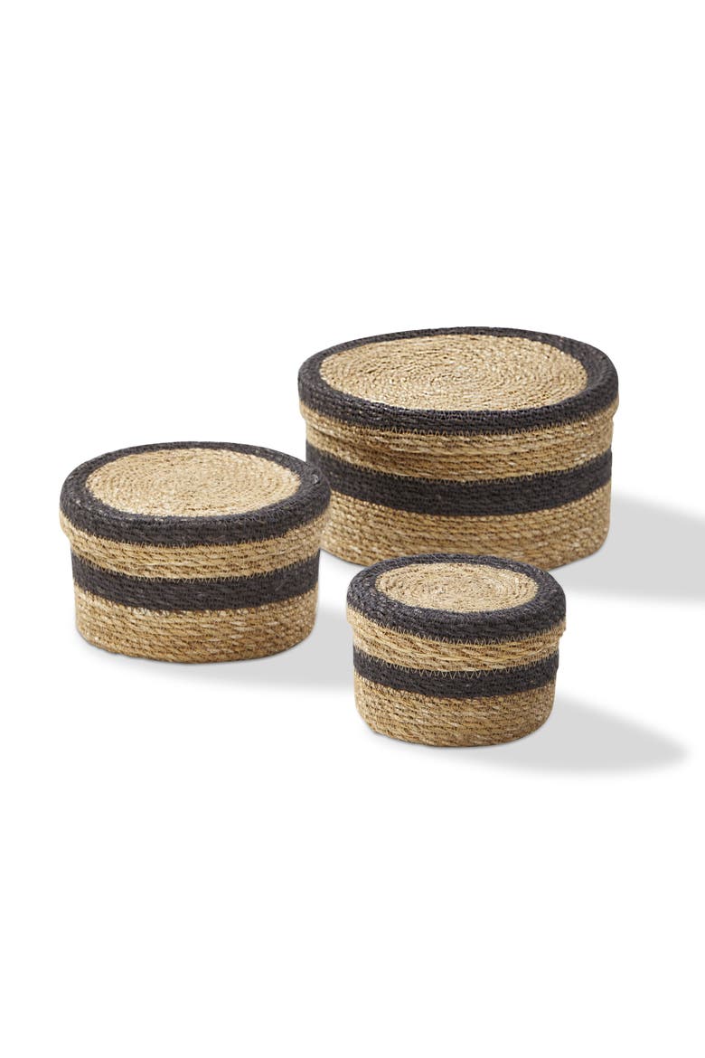 Multicolor Round Box with Lid Decorative Seagrass Basket, Main, color, Brown