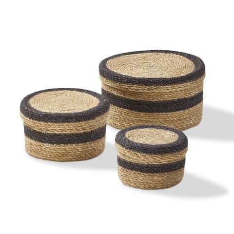 Multicolor Round Box with Lid Decorative Seagrass Basket