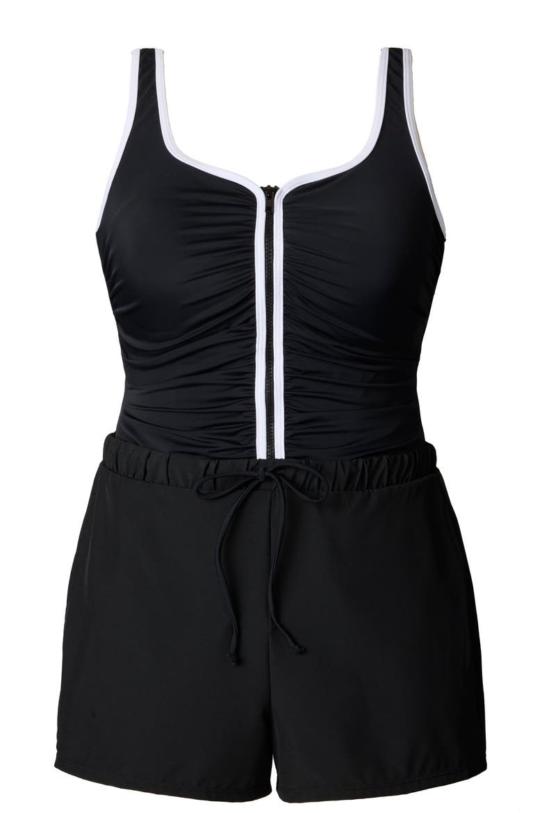 Shirred Zipper Runaround Chlorine Resistant One-Piece Swimsuit, Alternate, color, Black and White