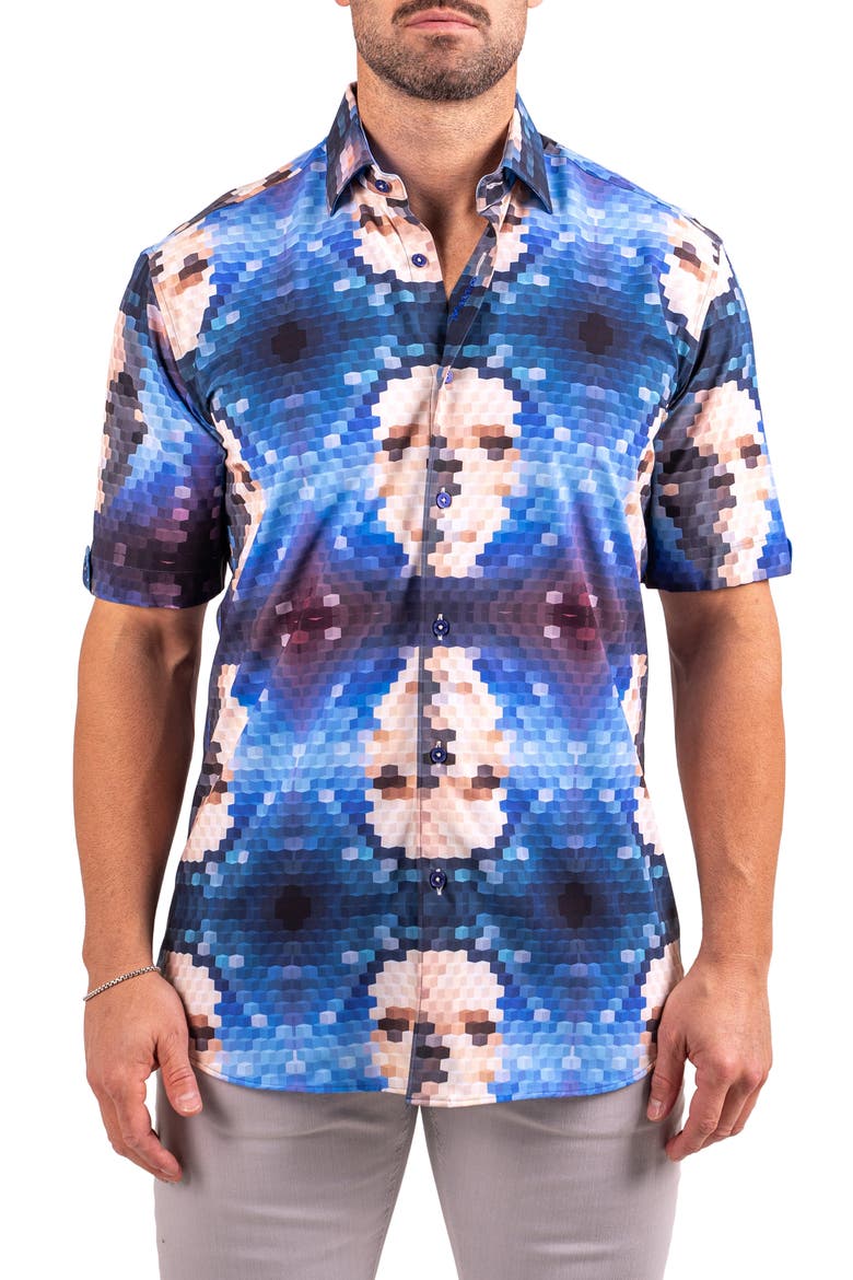 Galileo Resistance2201 Blue Pixelated Face Print Short Sleeve Button-Up Shirt, Main, color, BLUE