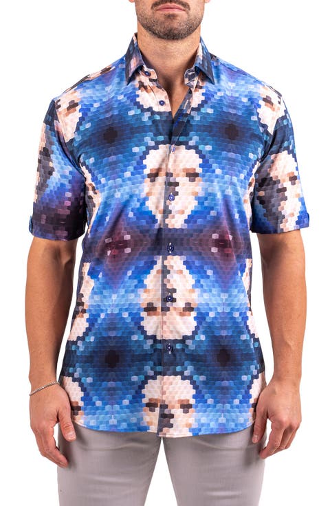Galileo Resistance2201 Blue Pixelated Face Print Short Sleeve Button-Up Shirt