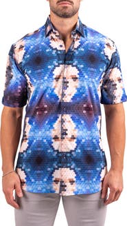 Maceoo Galileo Resistance2201 Blue Pixelated Face Print Short Sleeve Button-Up Shirt