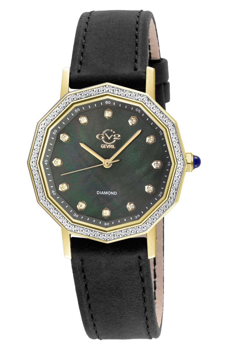 GV2 Spello II Diamond Dial Leather Strap Watch, 36mm, Main, color, Black