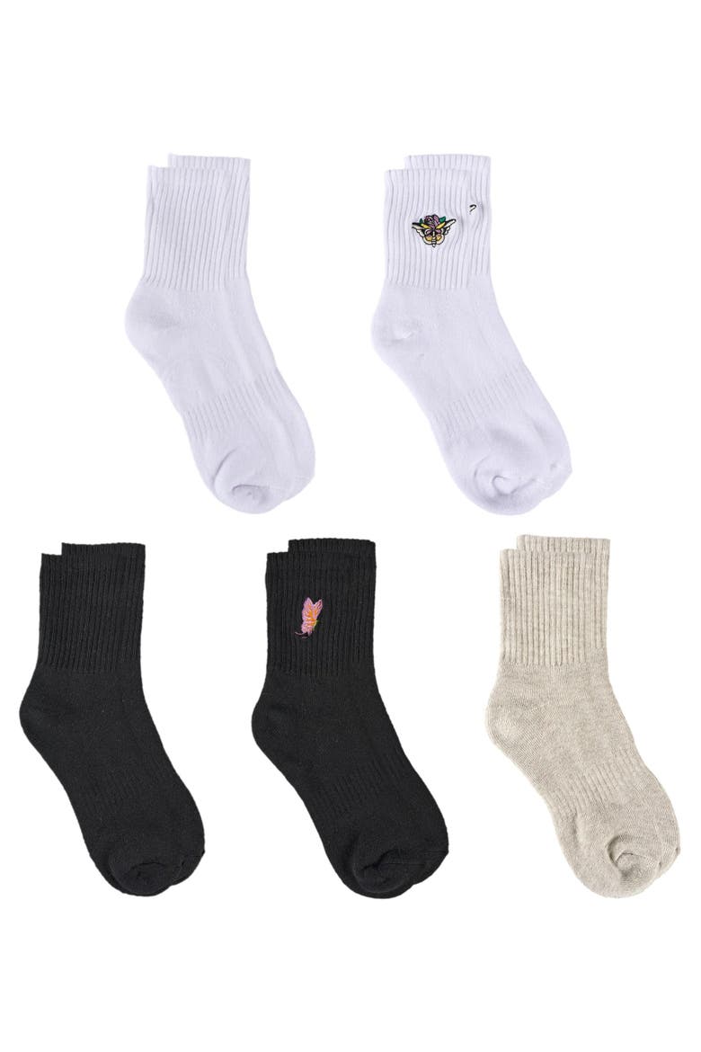 Flower Embroidery Half Cushion Mid Crew Sock 5-Pack, Alternate, color, White Multi