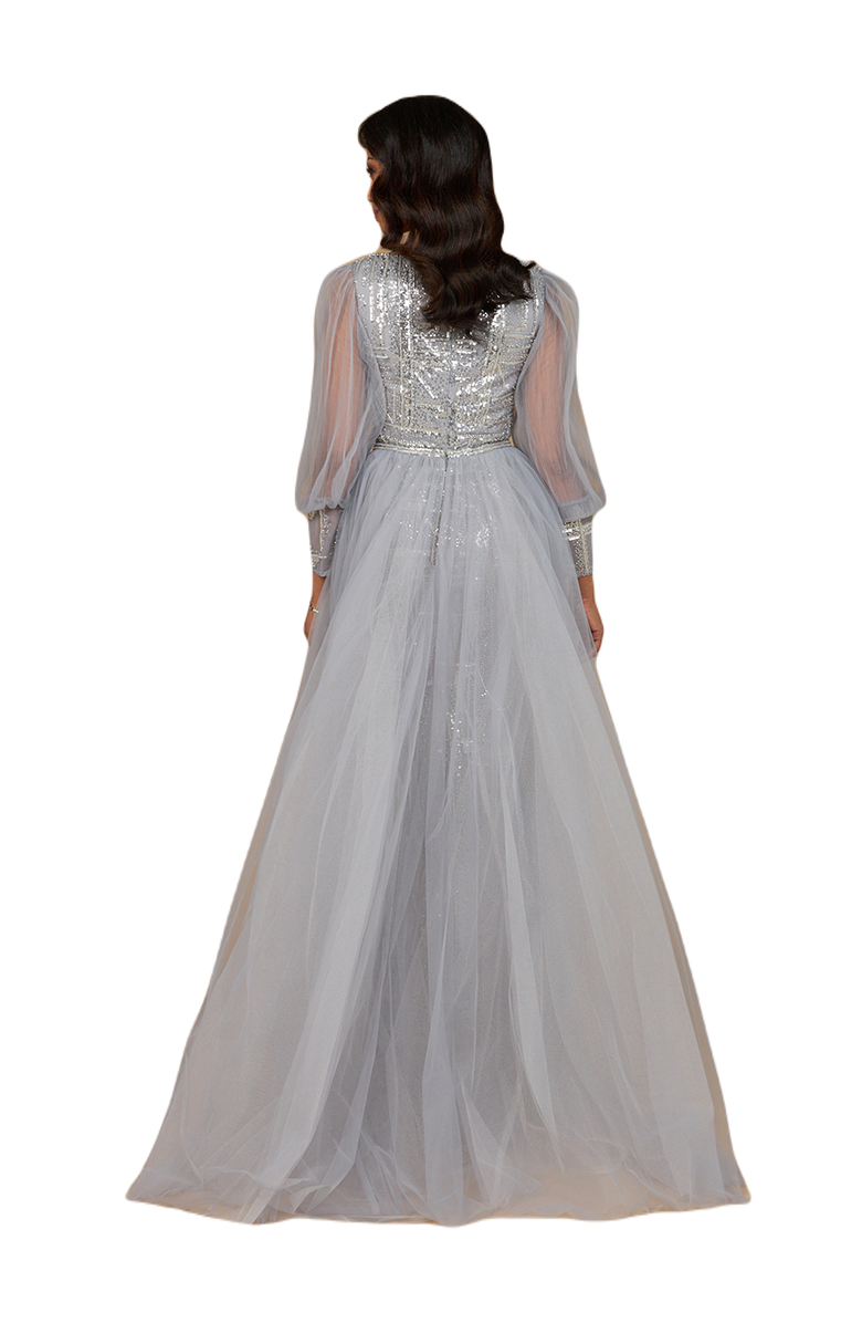 LARA New York Long Sleeve Lace Gown with Removable Over Skirt, Alternate, color, Silver