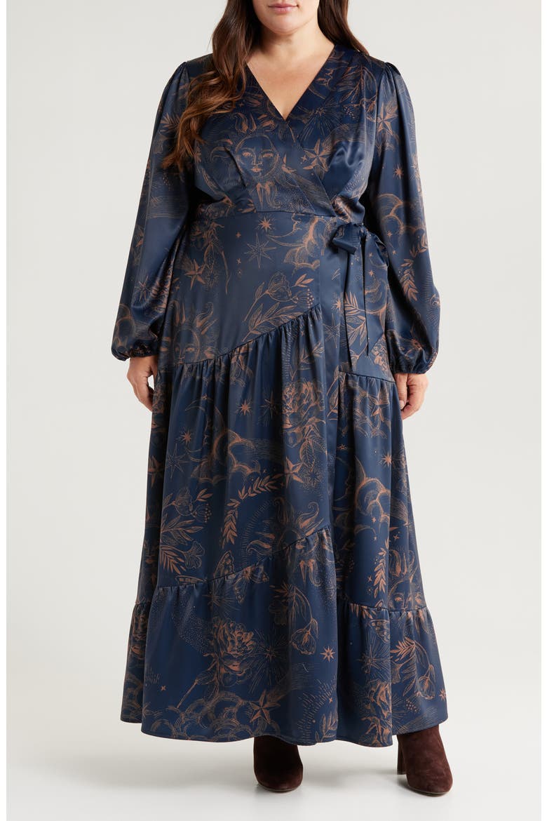 Lilian Long Sleeve Satin Wrap Maxi Dress, Main, color, NAVY MULTI