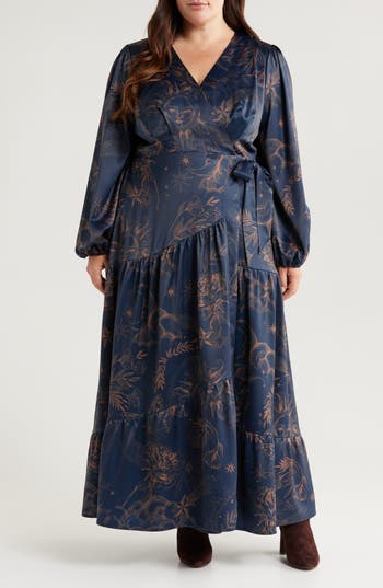 CIEBON CIEBON LILIAN LONG SLEEVE SATIN WRAP MAXI DRESS