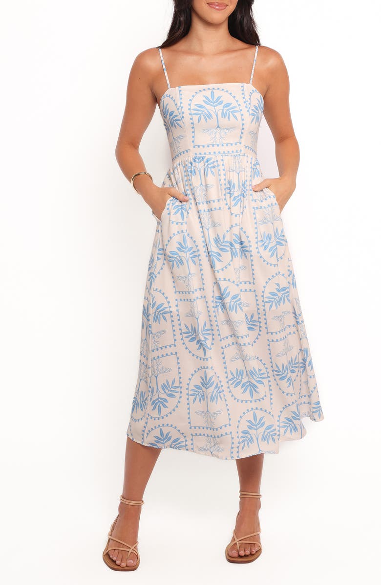 Petal & Pup Cathy Print Sleeveless Linen Blend Midi Dress, Main, color, Blue/ White