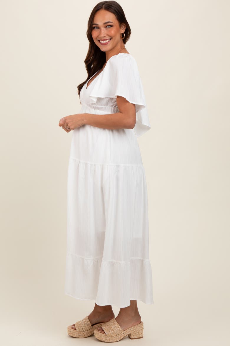 Deep V-Neck Flutter Sleeve Tiered Midi Dress, Alternate, color, Ivory