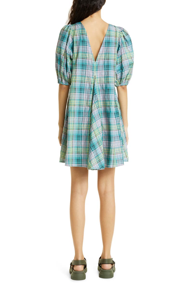 Ganni Plaid Check Organic Cotton Blend Seersucker Dress, Alternate, color,