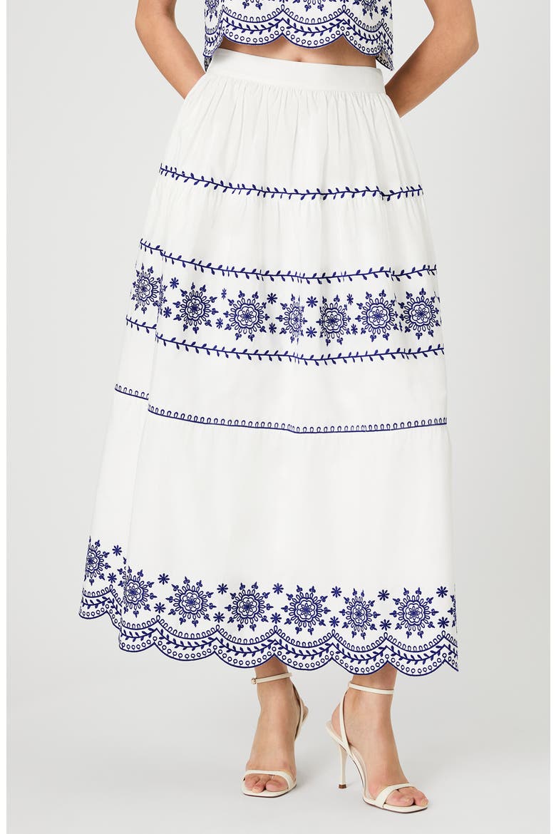 Alissa Embroidered Cotton Midi Skirt, Main, color, LINEN WH-ELEC INDIGO