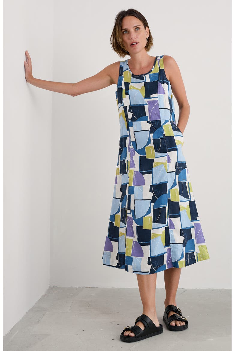 Grass Wave Print Sleeveless Linen Midi Dress, Alternate, color, BLOCK SHAPES BILBERRY