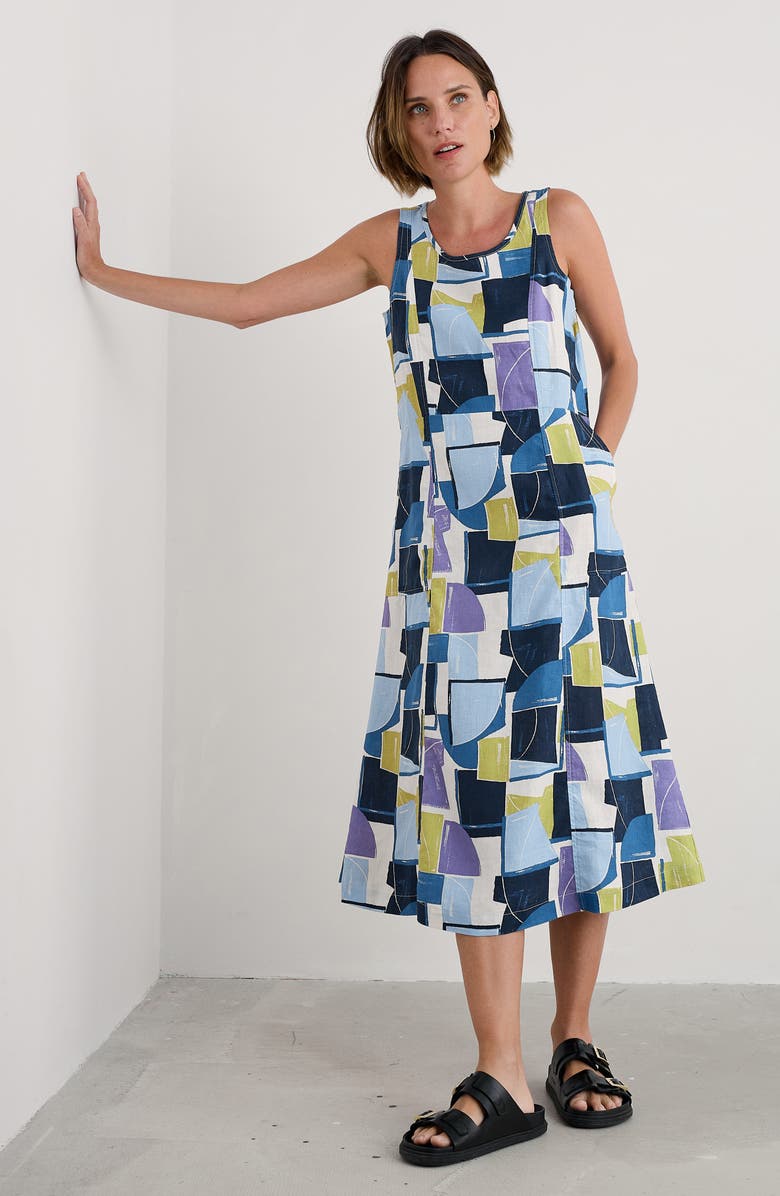 Seasalt Cornwall Grass Wave Print Sleeveless Linen Midi Dress, Alternate, color, Block Shapes Bilberry
