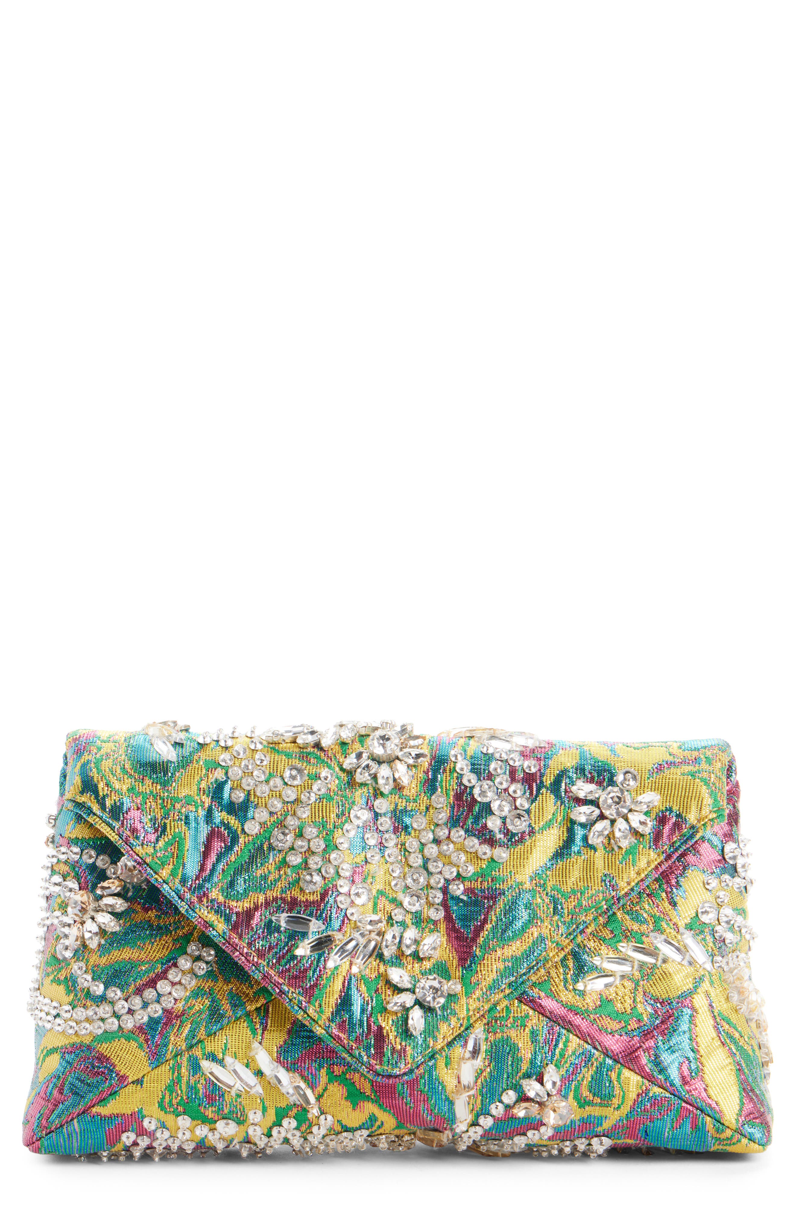 Dries Van Noten Crystal Embellished Lamé Floral Jacquard Clutch, Main, color, 207 Lemon