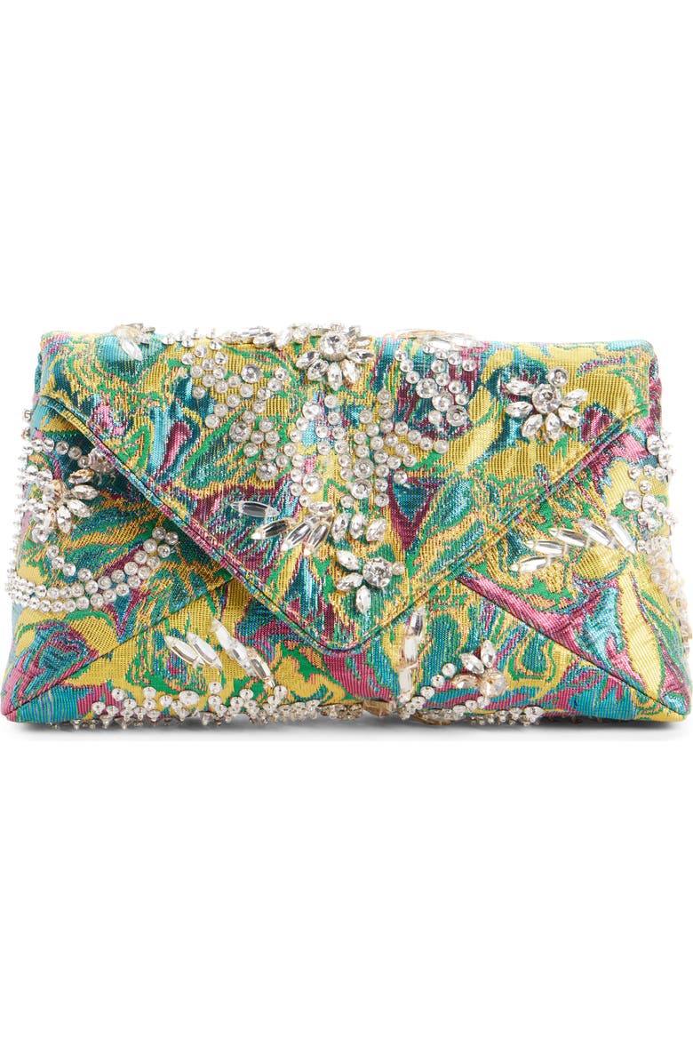 Dries Van Noten Crystal Embellished Lamé Floral Jacquard Clutch, Main, color, 207 Lemon