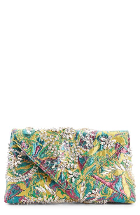 Crystal Embellished Lamé Floral Jacquard Clutch