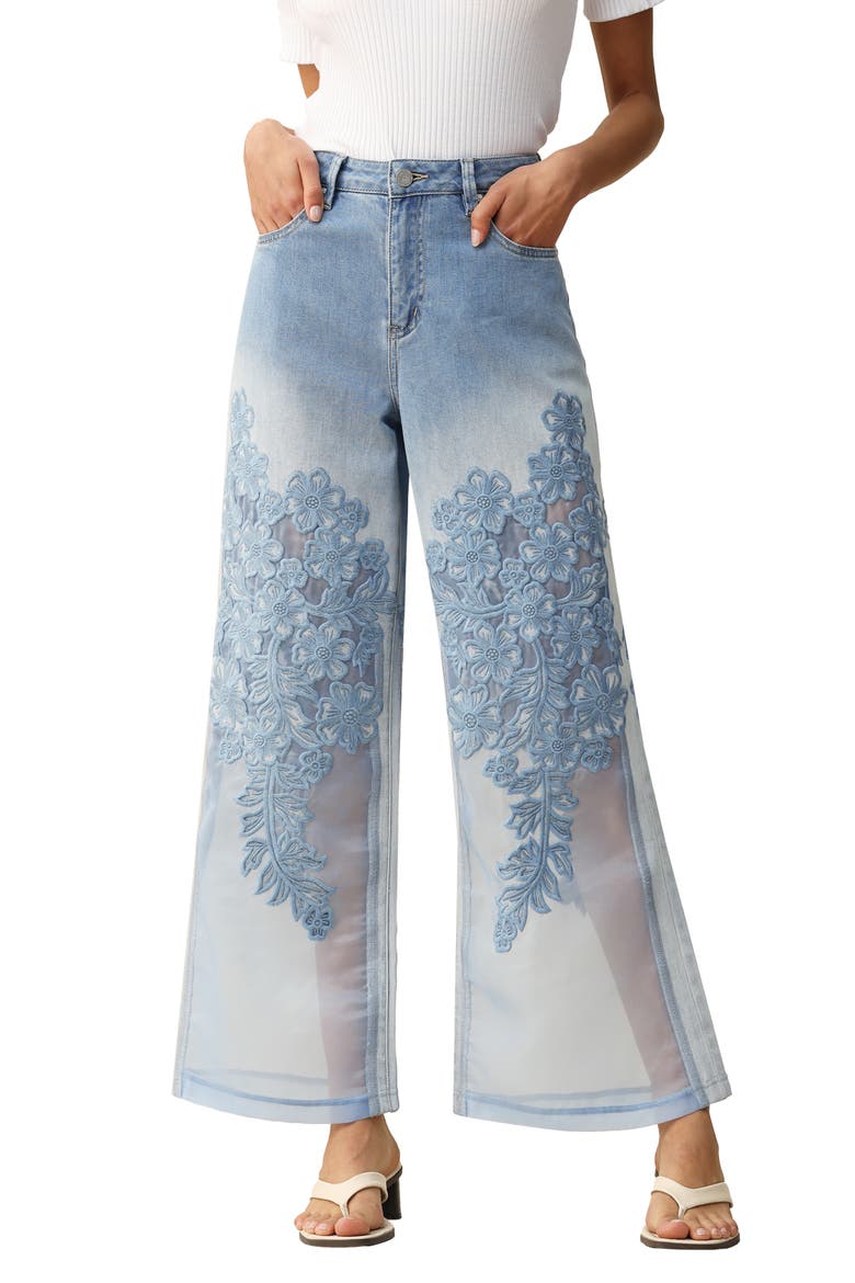 Embroidered High Waist Wide Leg Jeans, Main, color, LIGHT BLUE